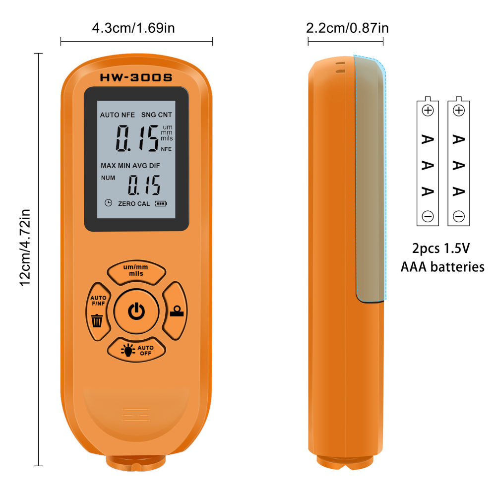 Paint Thickness Gauge - HW 300S対応のデジタル塗膜厚さ計。金属表面の塗膜深さを測定する携帯型の自動車ボディ検査ツール。